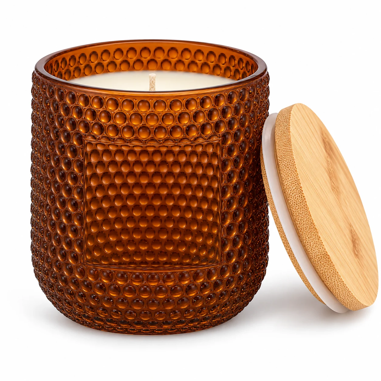 Hobnail Glass Candle Jar (VSS-CJ-068) — candle application — glossy amber bamboo lid