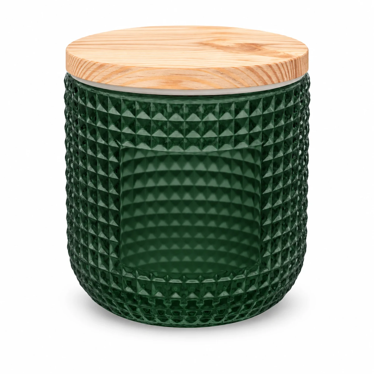 Textured Diamond Glass Candle Jar (VSS-CJ-069) — candle application — frosted green pine lid closed