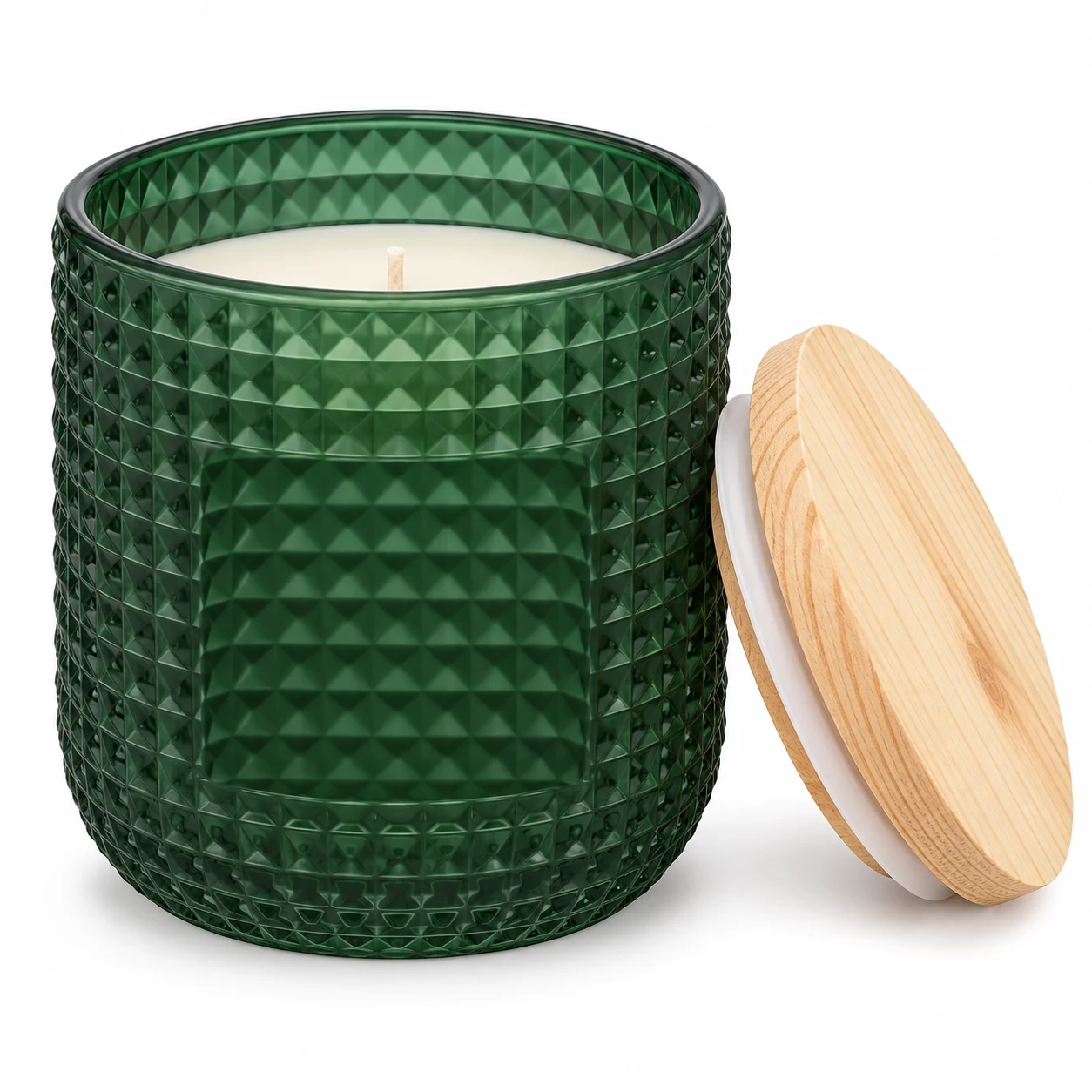 Textured Diamond Glass Candle Jar (VSS-CJ-069) — candle application — frosted green pine lid