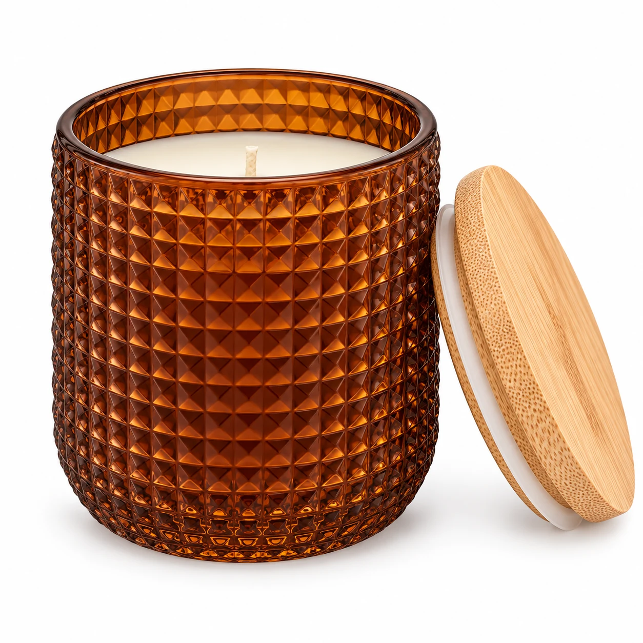 Textured Diamond Glass Candle Jar (VSS-CJ-069) — candle application — glossy amber bamboo lid