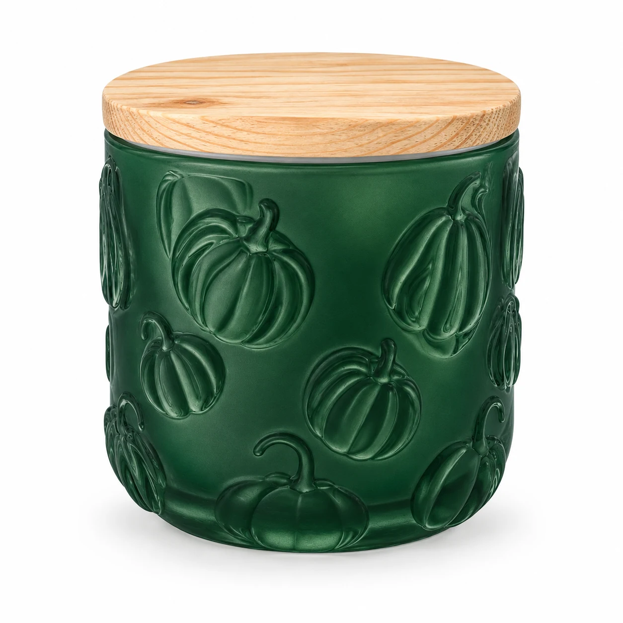 520ml Pumpkin-Pattern Glass Candle Jar - VSS-CJ-070 — candle application — frosted green pine lid closed