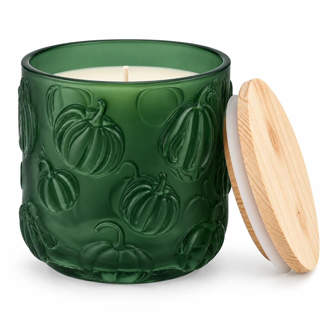 520ml Pumpkin-Pattern Glass Candle Jar - VSS-CJ-070 — candle application — frosted green pine lid