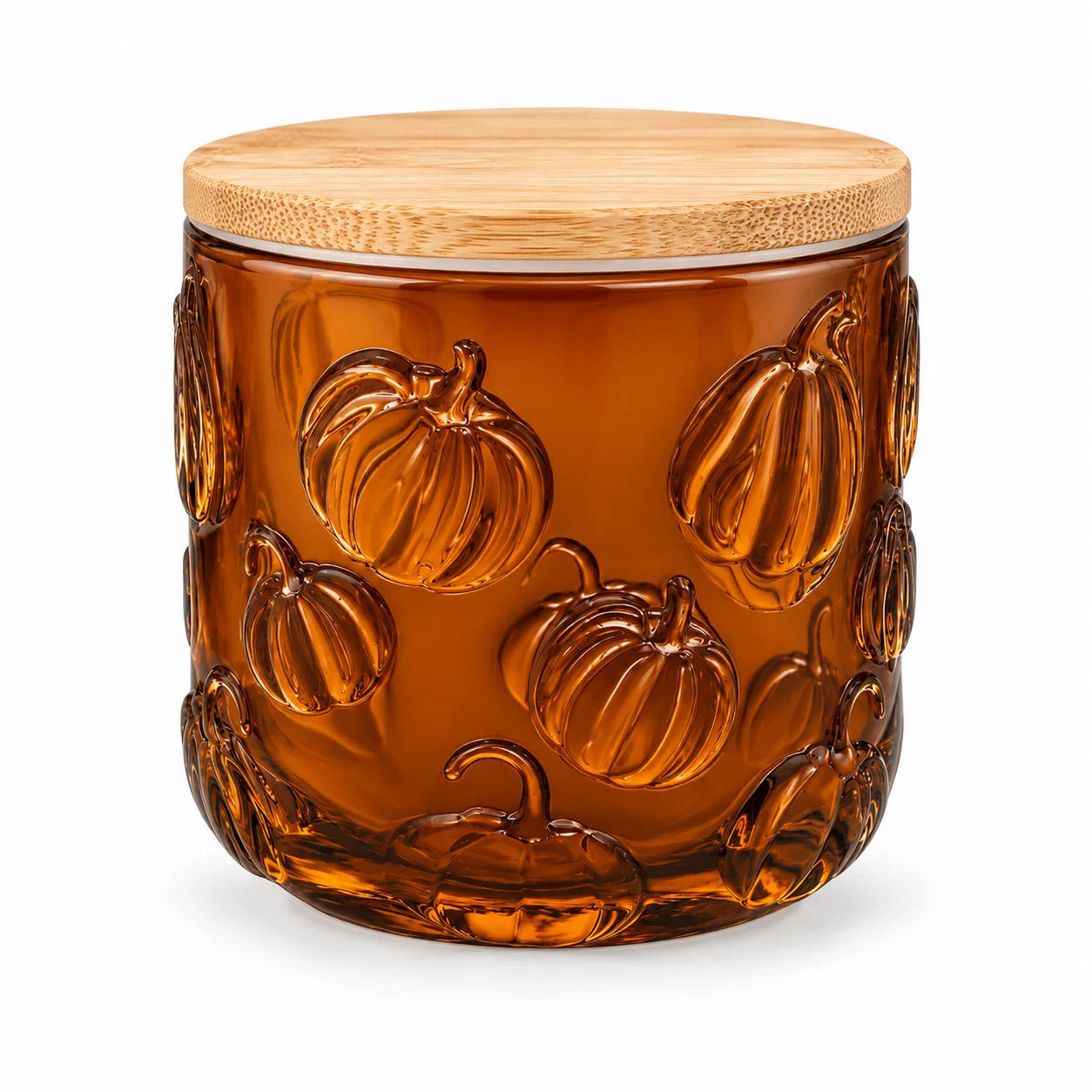 520ml Pumpkin-Pattern Glass Candle Jar - VSS-CJ-070 — candle application — glossy amber bamboo lid closed