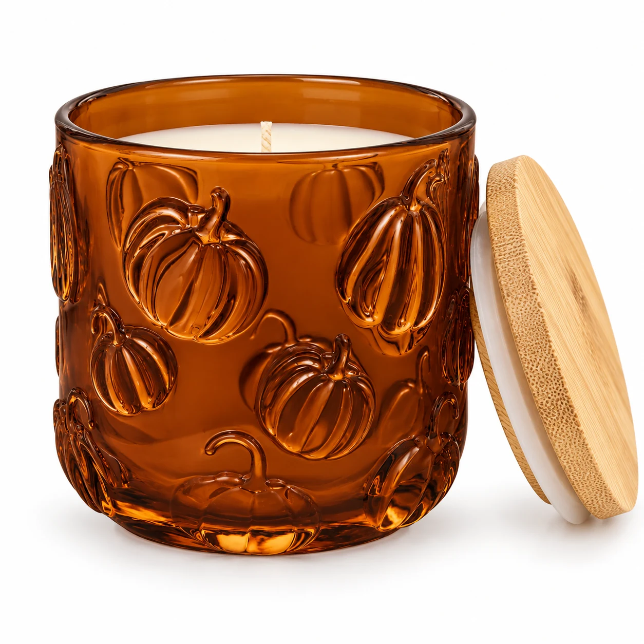 520ml Pumpkin-Pattern Glass Candle Jar - VSS-CJ-070 — candle application — glossy amber bamboo lid