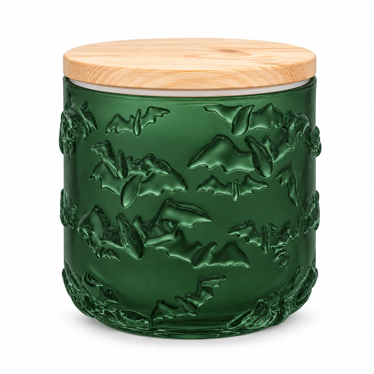 520ml Bat-Pattern Glass Candle Jar - VSS-CJ-071 — candle application — frosted green pine lid closed