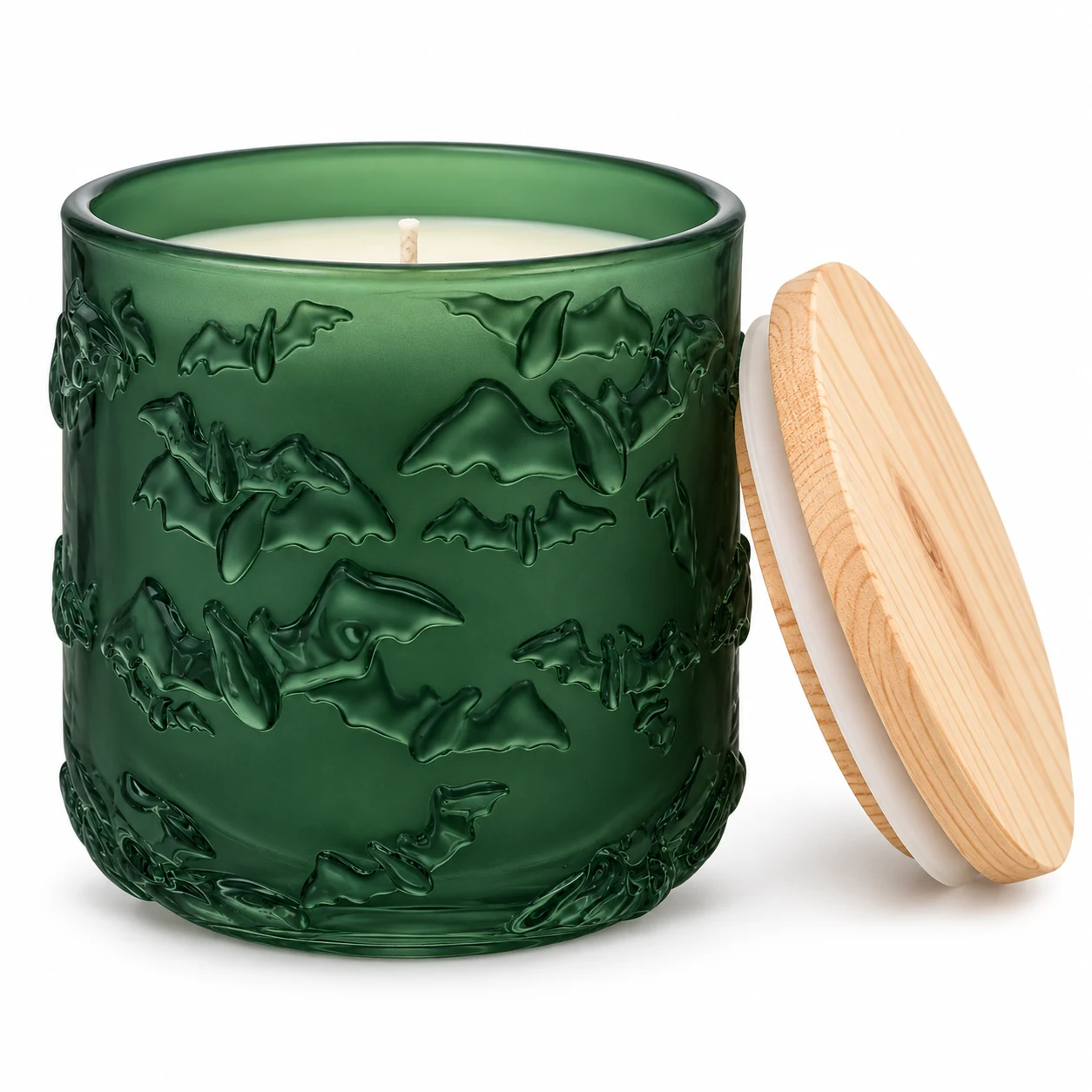 520ml Bat-Pattern Glass Candle Jar - VSS-CJ-071 — candle application — frosted green pine lid