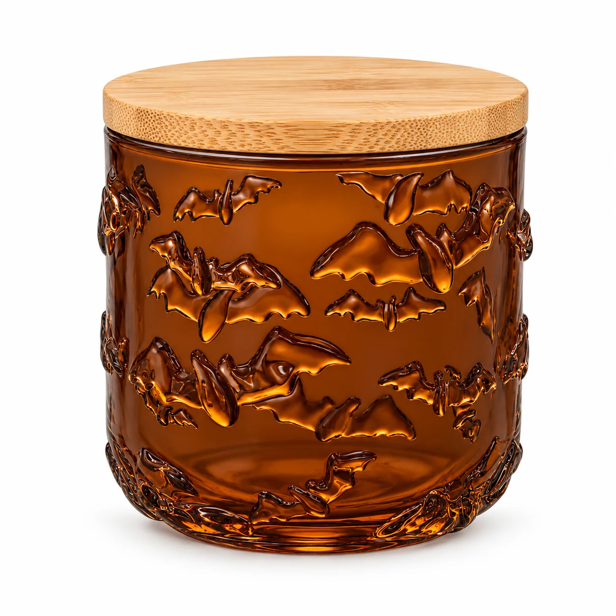 520ml Bat-Pattern Glass Candle Jar - VSS-CJ-071 — candle application — glossy amber bamboo lid closed