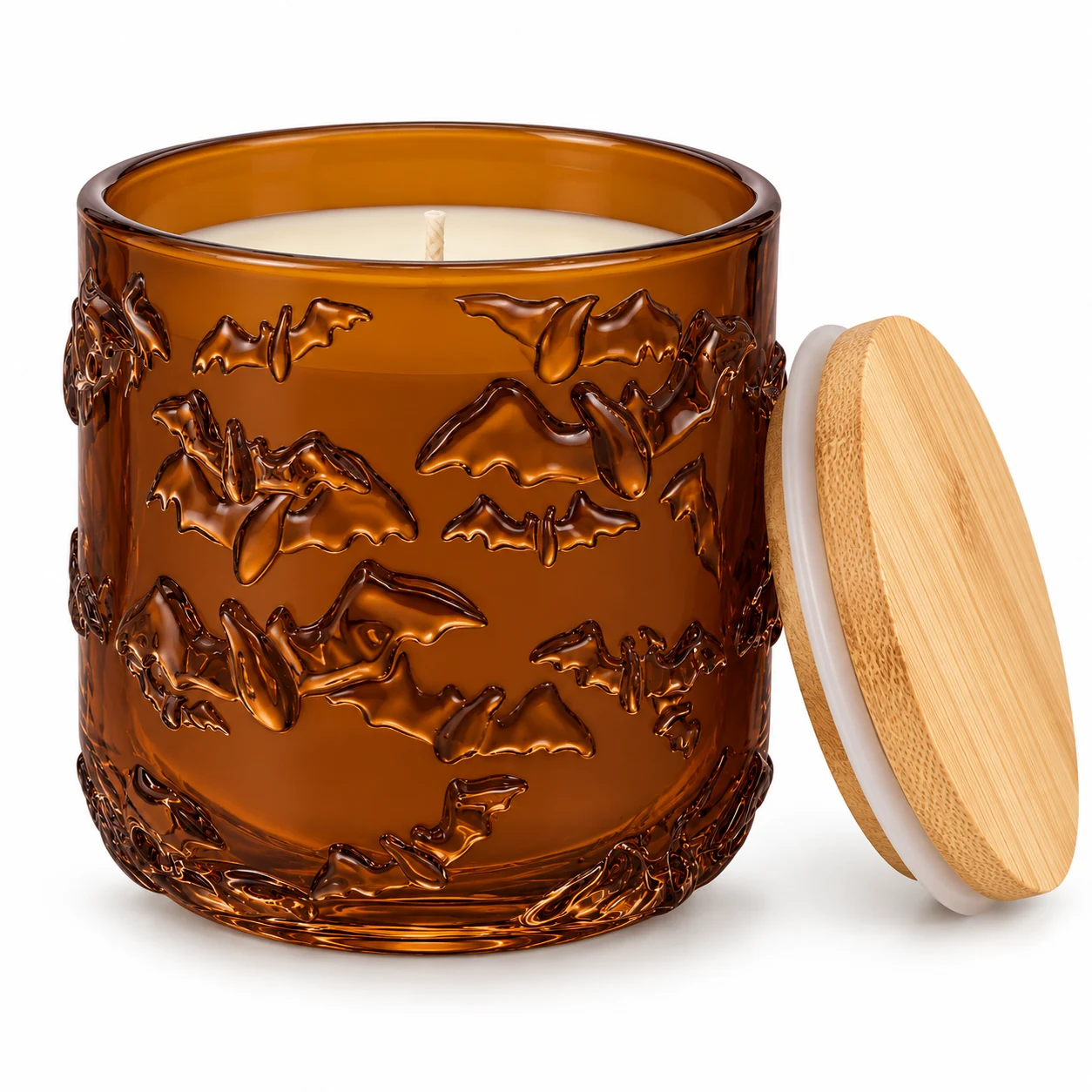 520ml Bat-Pattern Glass Candle Jar - VSS-CJ-071 — candle application — glossy amber bamboo lid