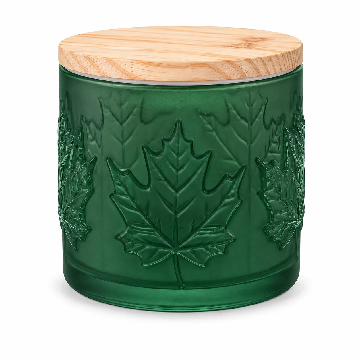 520ml Maple Leaf-Pattern Glass Candle Jar - VSS-CJ-072 — candle application — frosted green pine lid closed