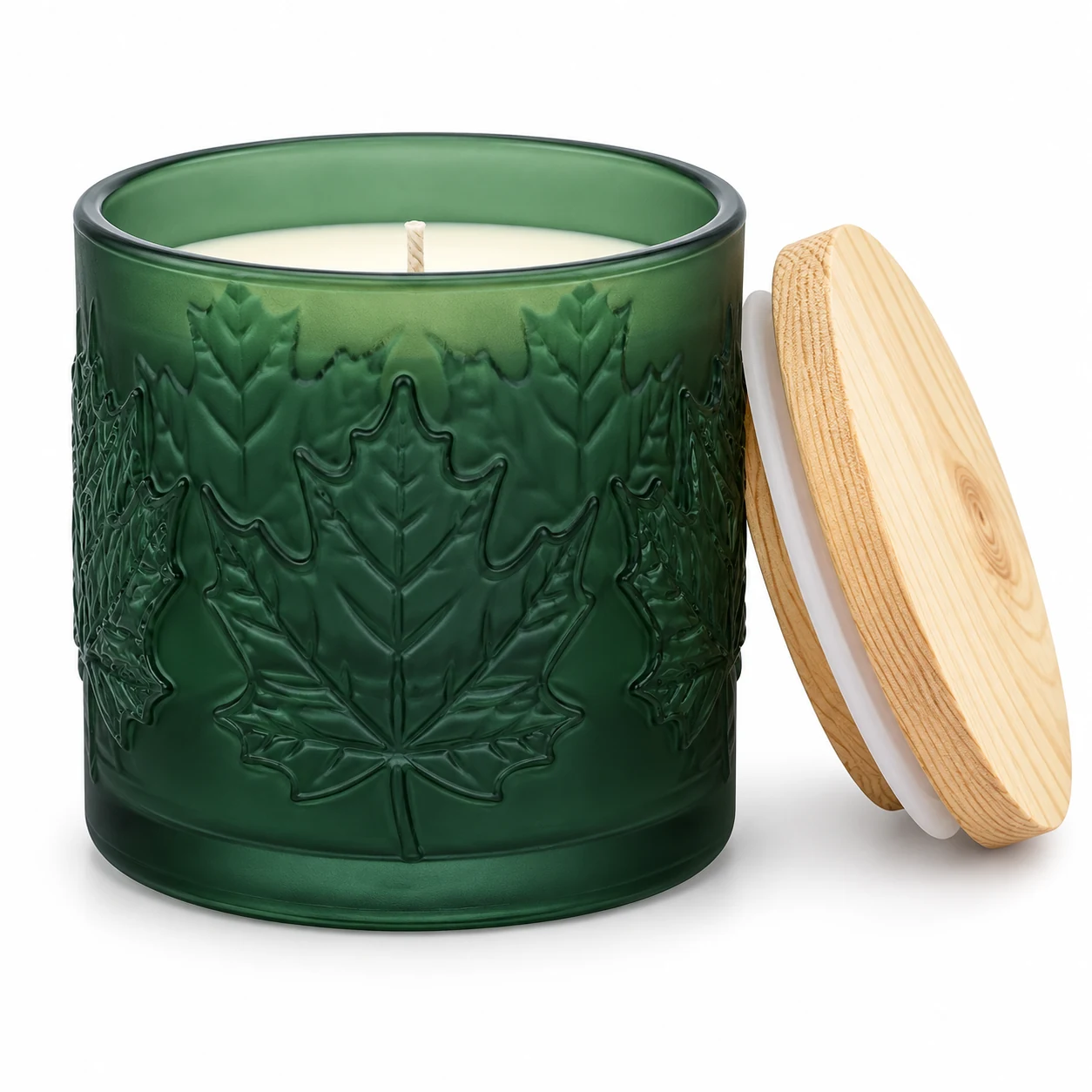 520ml Maple Leaf-Pattern Glass Candle Jar - VSS-CJ-072 — candle application — frosted green pine lid