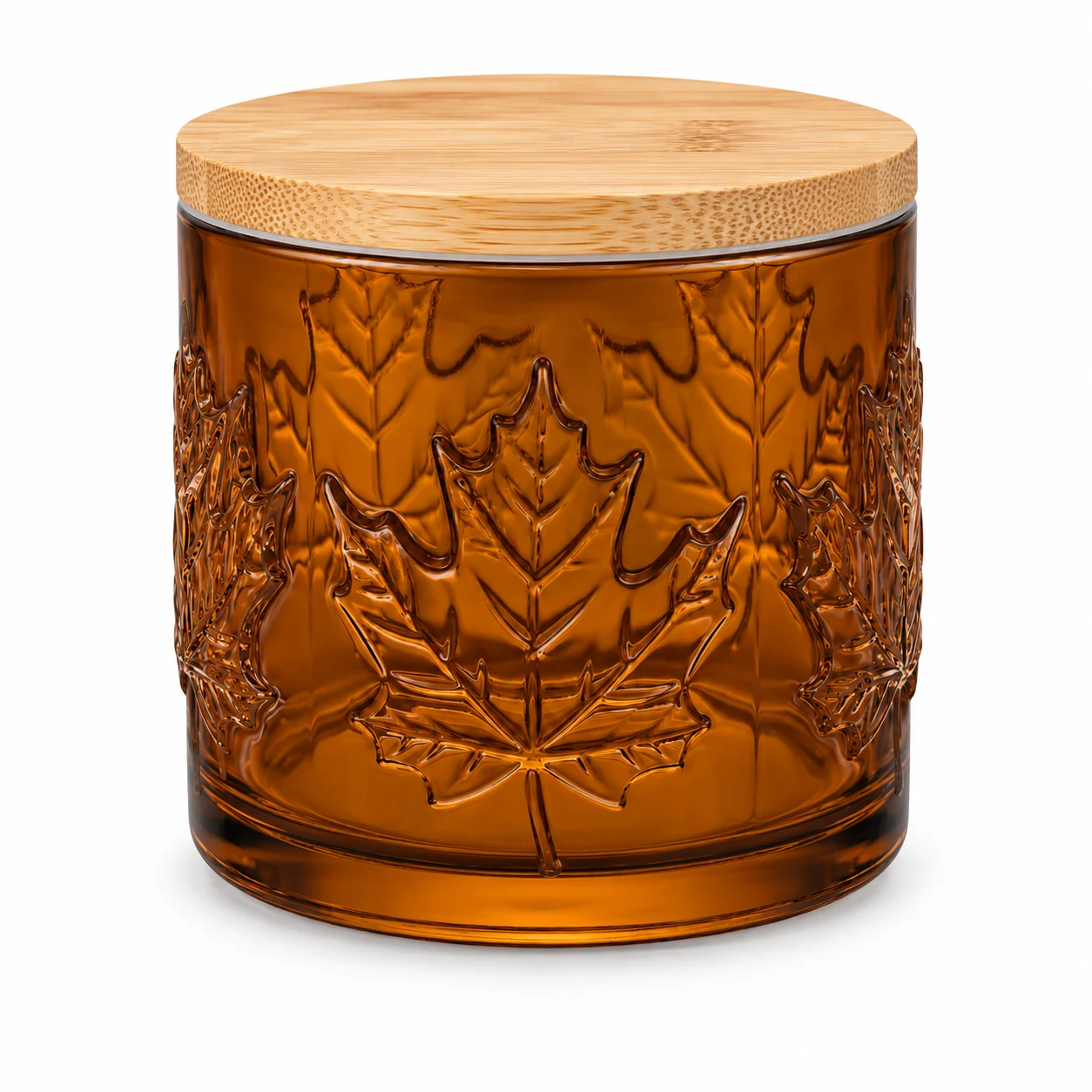 520ml Maple Leaf-Pattern Glass Candle Jar - VSS-CJ-072 — candle application — glossy amber bamboo lid closed