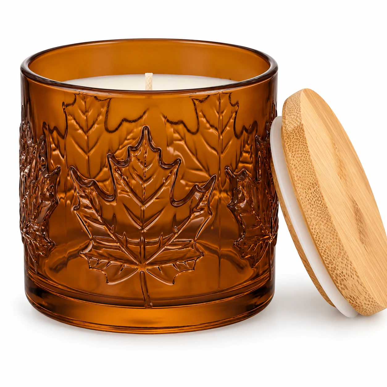 520ml Maple Leaf-Pattern Glass Candle Jar - VSS-CJ-072 — candle application — glossy amber bamboo lid