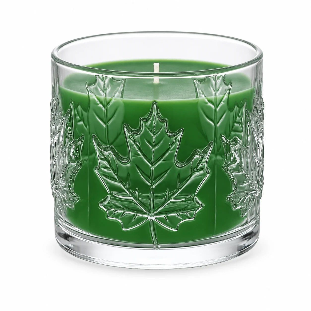 520ml Maple Leaf-Pattern Glass Candle Jar - VSS-CJ-072 — candle application — green wax