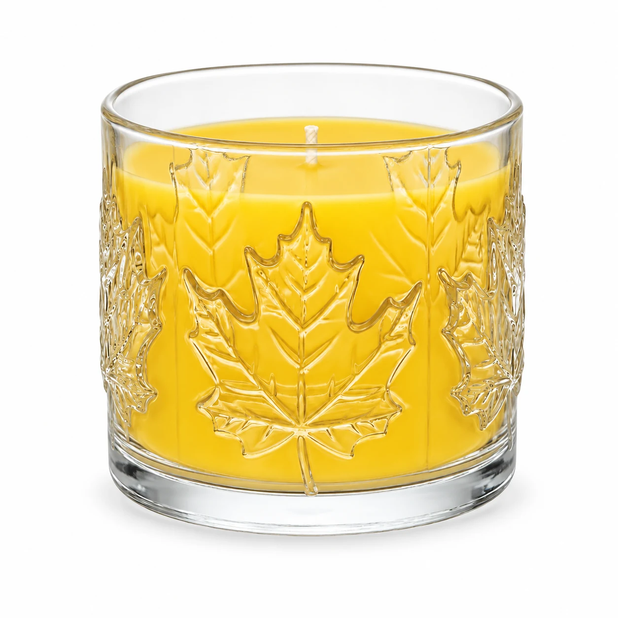 520ml Maple Leaf-Pattern Glass Candle Jar - VSS-CJ-072 — candle application — yellow wax