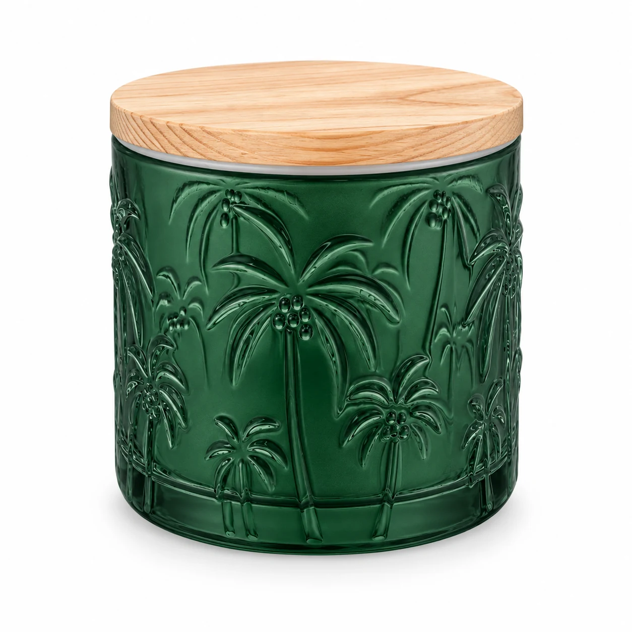 520ml Palm Tree-Pattern Glass Candle Jar - VSS-CJ-073 — candle application — frosted green pine lid closed