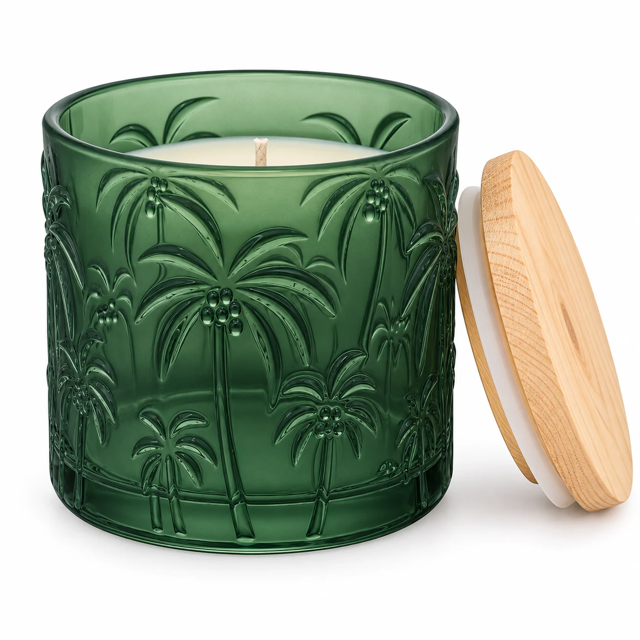 520ml Palm Tree-Pattern Glass Candle Jar - VSS-CJ-073 — candle application — frosted green pine lid