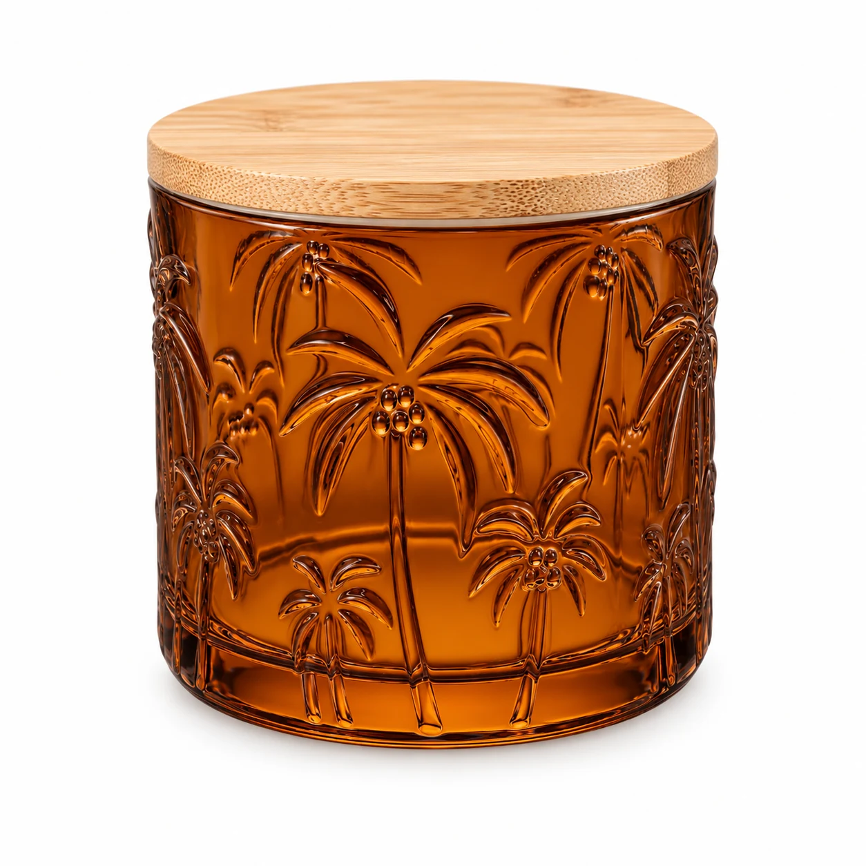 520ml Palm Tree-Pattern Glass Candle Jar - VSS-CJ-073 — candle application — glossy amber bamboo lid closed