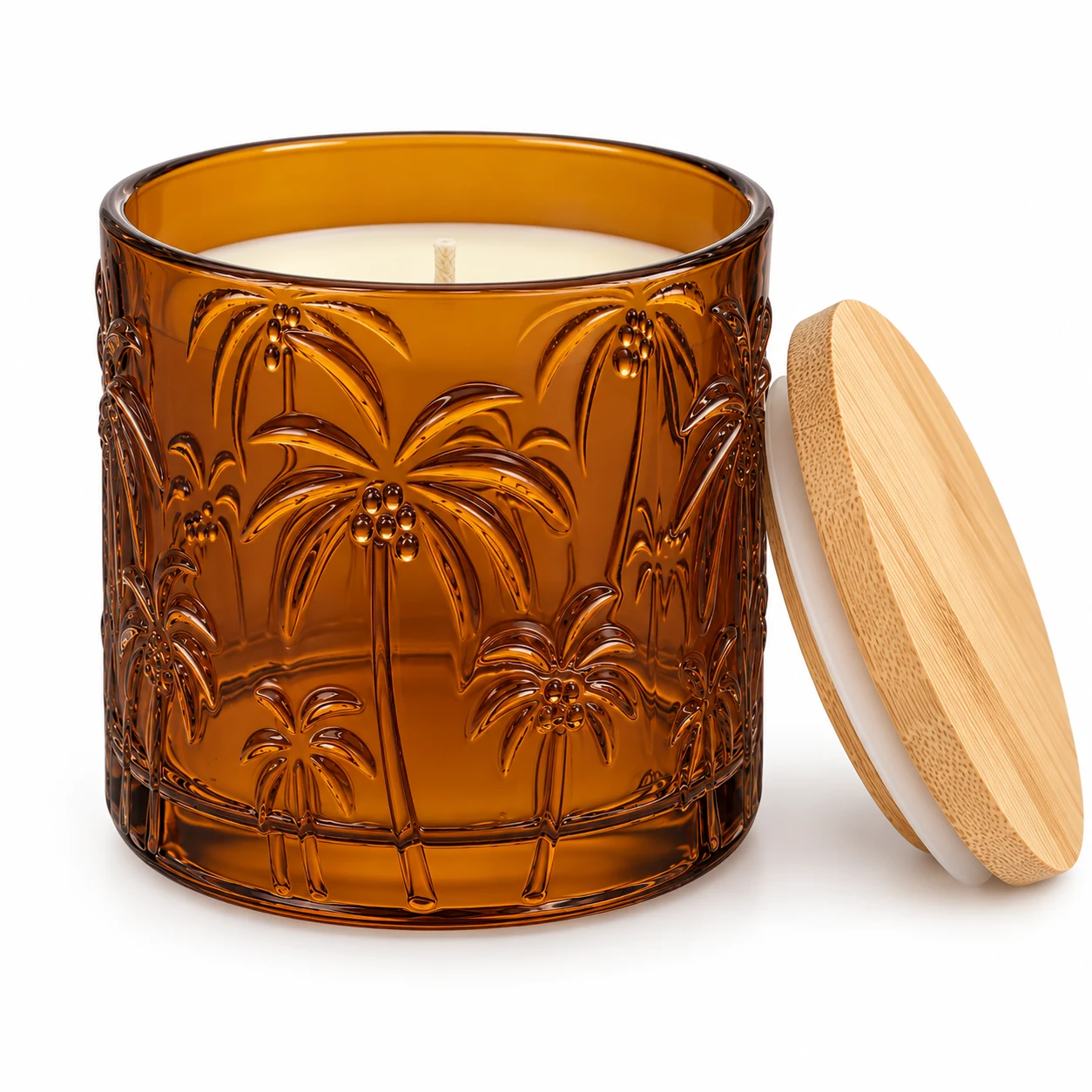 520ml Palm Tree-Pattern Glass Candle Jar - VSS-CJ-073 — candle application — glossy amber bamboo lid
