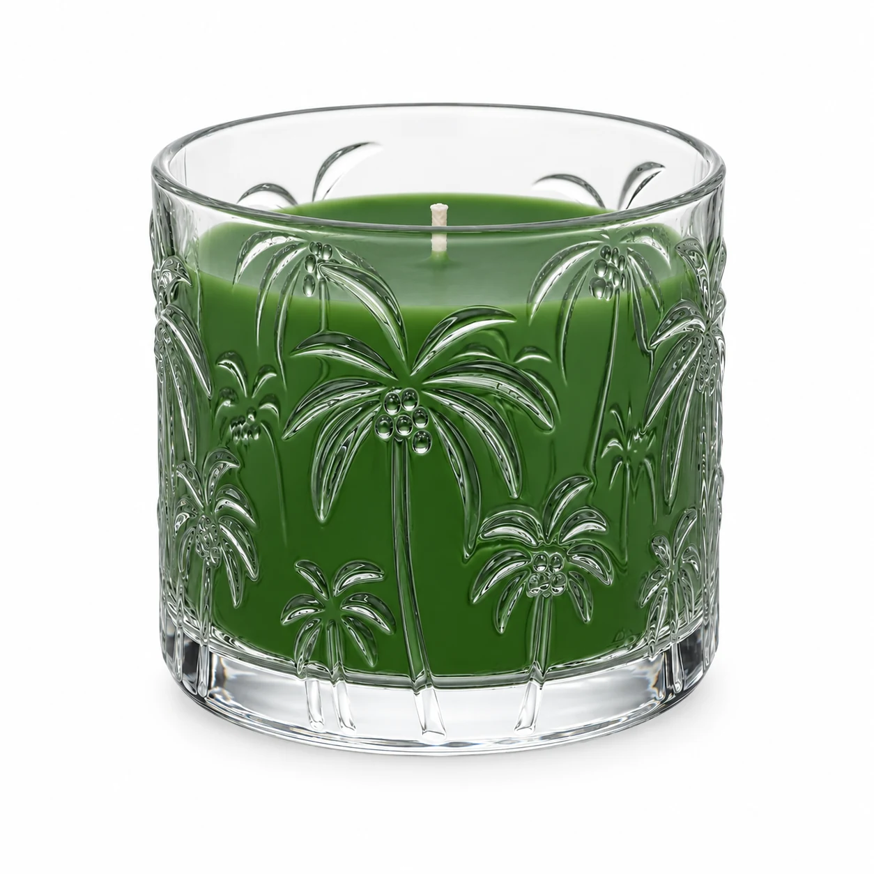 520ml Palm Tree-Pattern Glass Candle Jar - VSS-CJ-073 — candle application — green wax