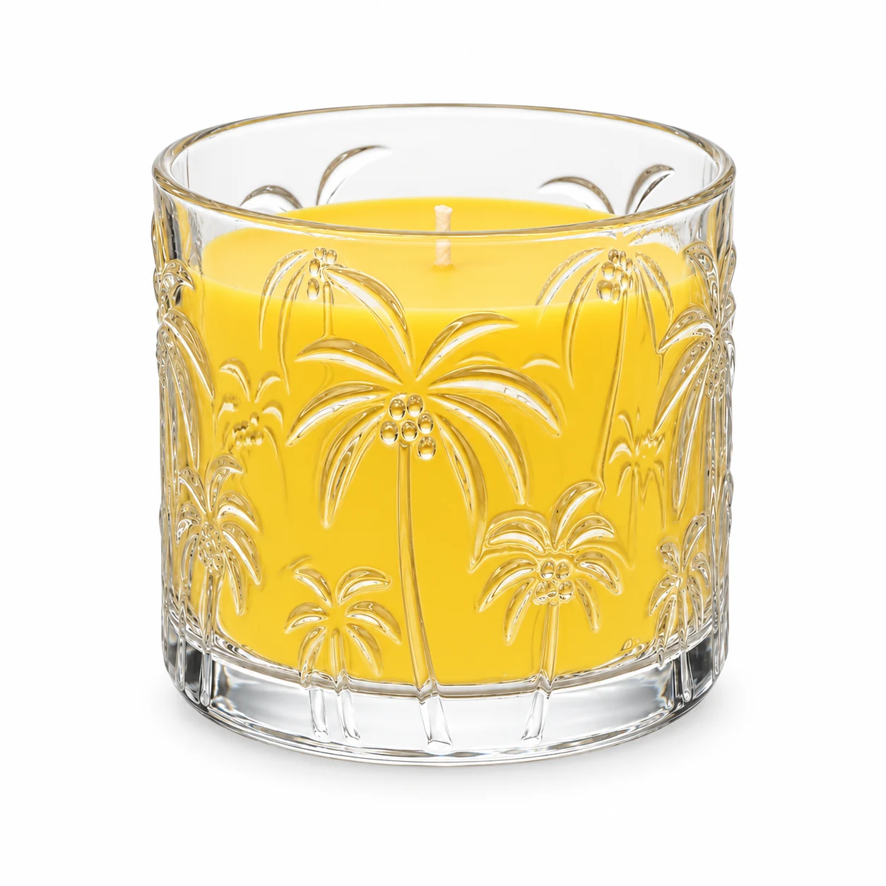 520ml Palm Tree-Pattern Glass Candle Jar - VSS-CJ-073 — candle application — yellow wax