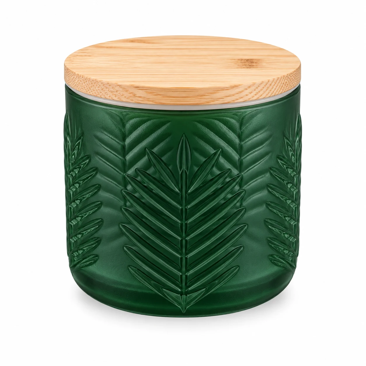Fern-Pattern Glass Candle Jar (VSS-CJ-074) — wooden lid — filled-candle reference