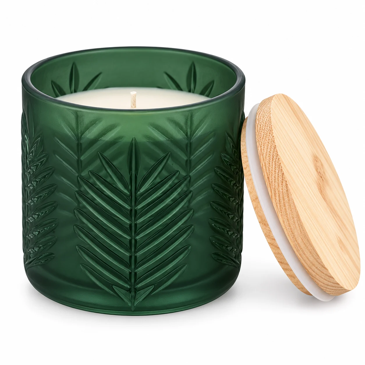 Fern-Pattern Glass Candle Jar (VSS-CJ-074) — candle application — frosted green pine lid