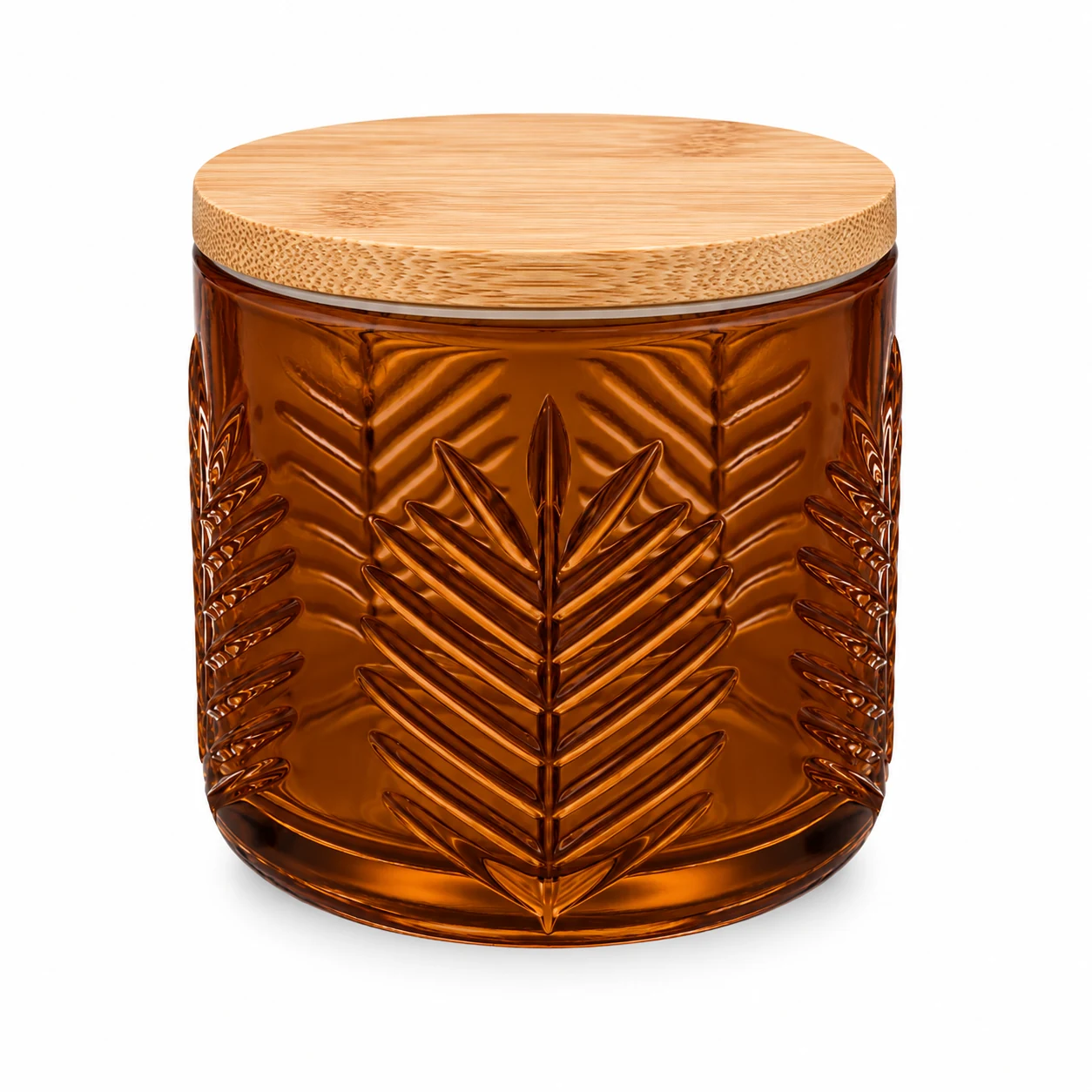 Fern-Pattern Glass Candle Jar (VSS-CJ-074) — candle application — glossy amber bamboo lid closed