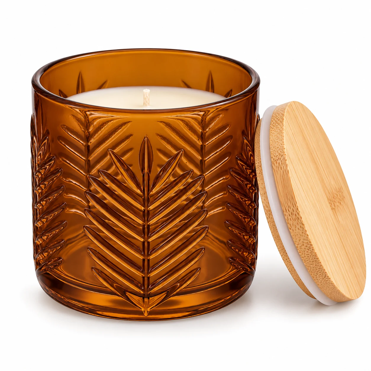 Fern-Pattern Glass Candle Jar (VSS-CJ-074) — candle application — glossy amber bamboo lid