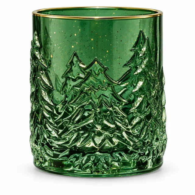 850ml Christmas Tree Embossed Glass Candle Jar — green gold rim