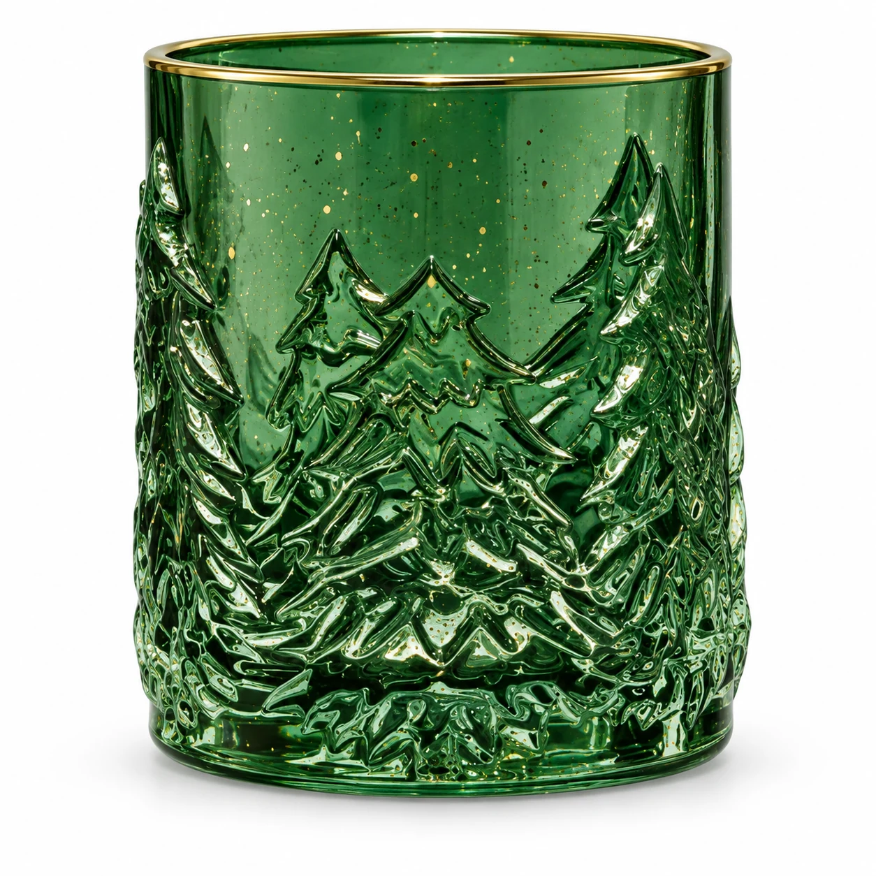 850ml Christmas Tree Embossed Glass Candle Jar — green gold rim