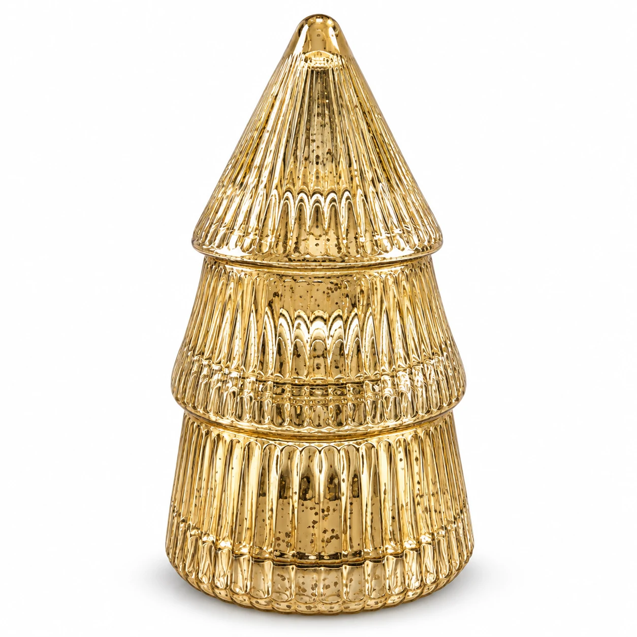 120ml Stacked Christmas Tree Glass Candle Container — exterior antique gold