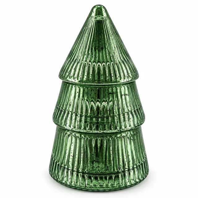 120ml Stacked Christmas Tree Glass Candle Container — exterior antique green