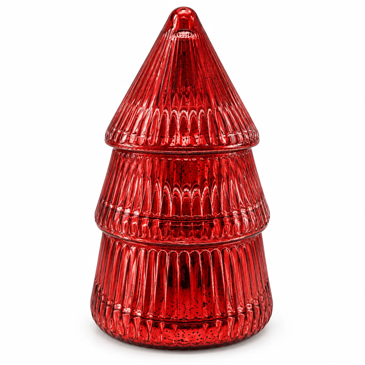 120ml Stacked Christmas Tree Glass Candle Container — exterior antique red