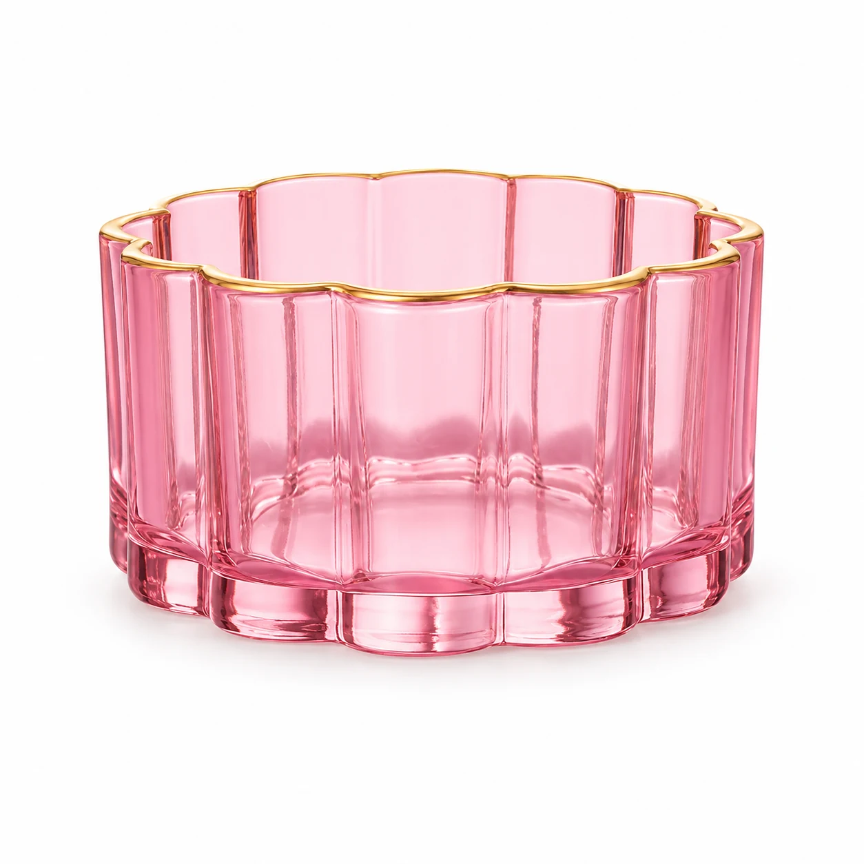 445ml Scalloped Glass Candle Bowl — pink gold rim