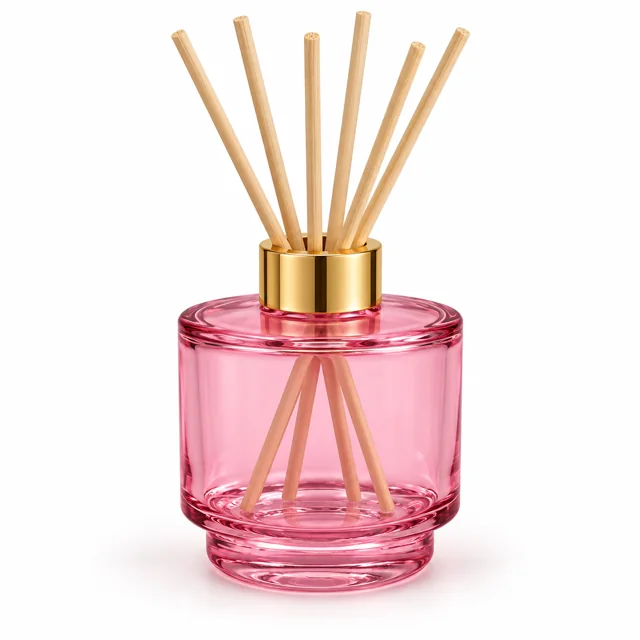 100ml Pedestal Round Glass Reed Diffuser Bottle — transparent pink; gold open diffuser collar and rattan reeds