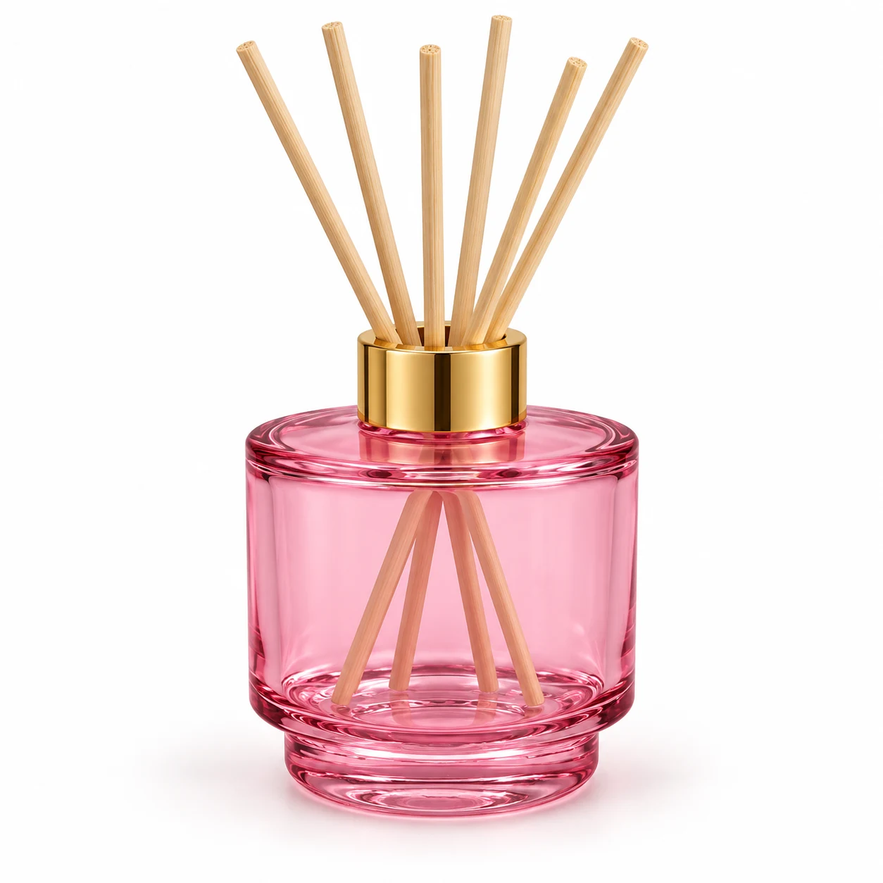 100ml Pedestal Round Glass Reed Diffuser Bottle — transparent pink; gold open diffuser collar and rattan reeds