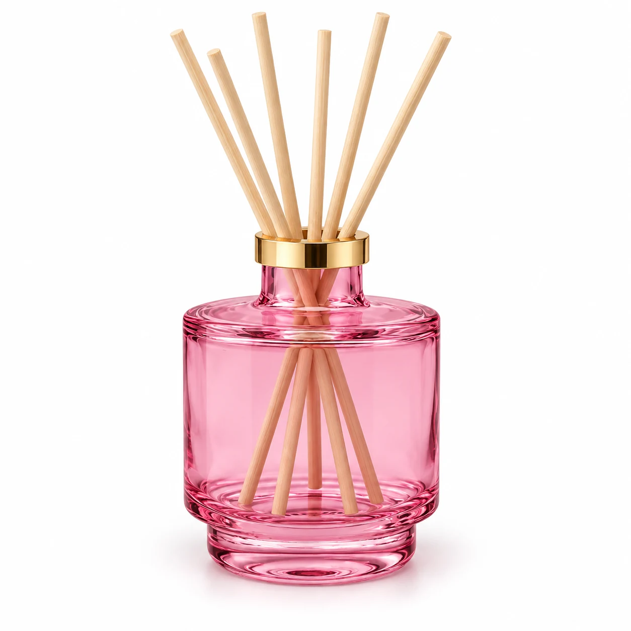200ml Pedestal Round Glass Reed Diffuser Bottle — transparent pink; gold open diffuser collar and rattan reeds