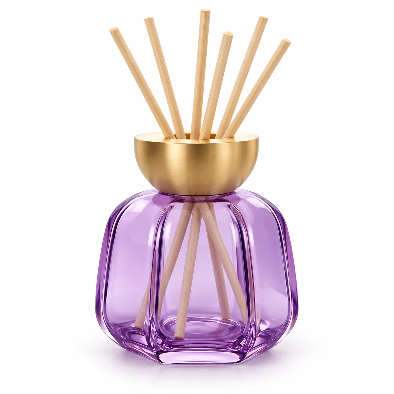 200ml Pumpkin Glass Reed Diffuser Bottle — transparent purple; gold open diffuser collar and rattan reeds
