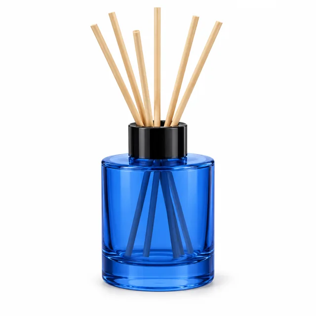 100ml Cylinder Glass Reed Diffuser Bottle — transparent blue; black open diffuser collar and rattan reeds