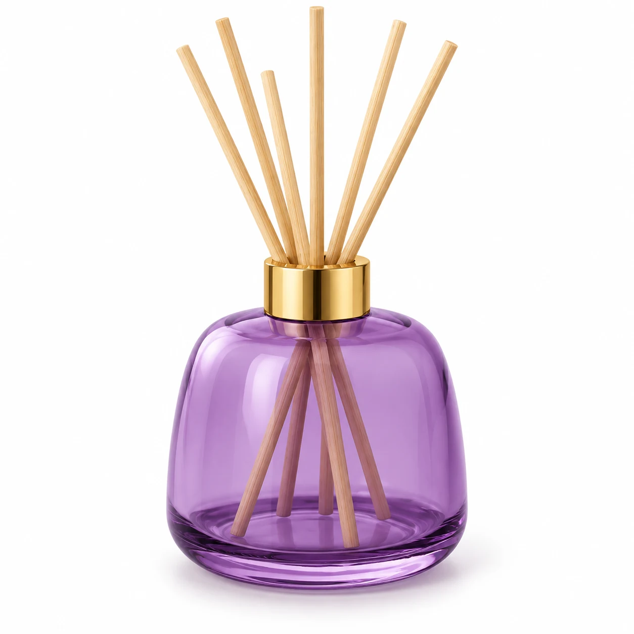 200ml Frosted Amber Rounded Shoulder Glass Reed Diffuser Bottle — semi-translucent purple; gold open diffuser collar and rattan reeds