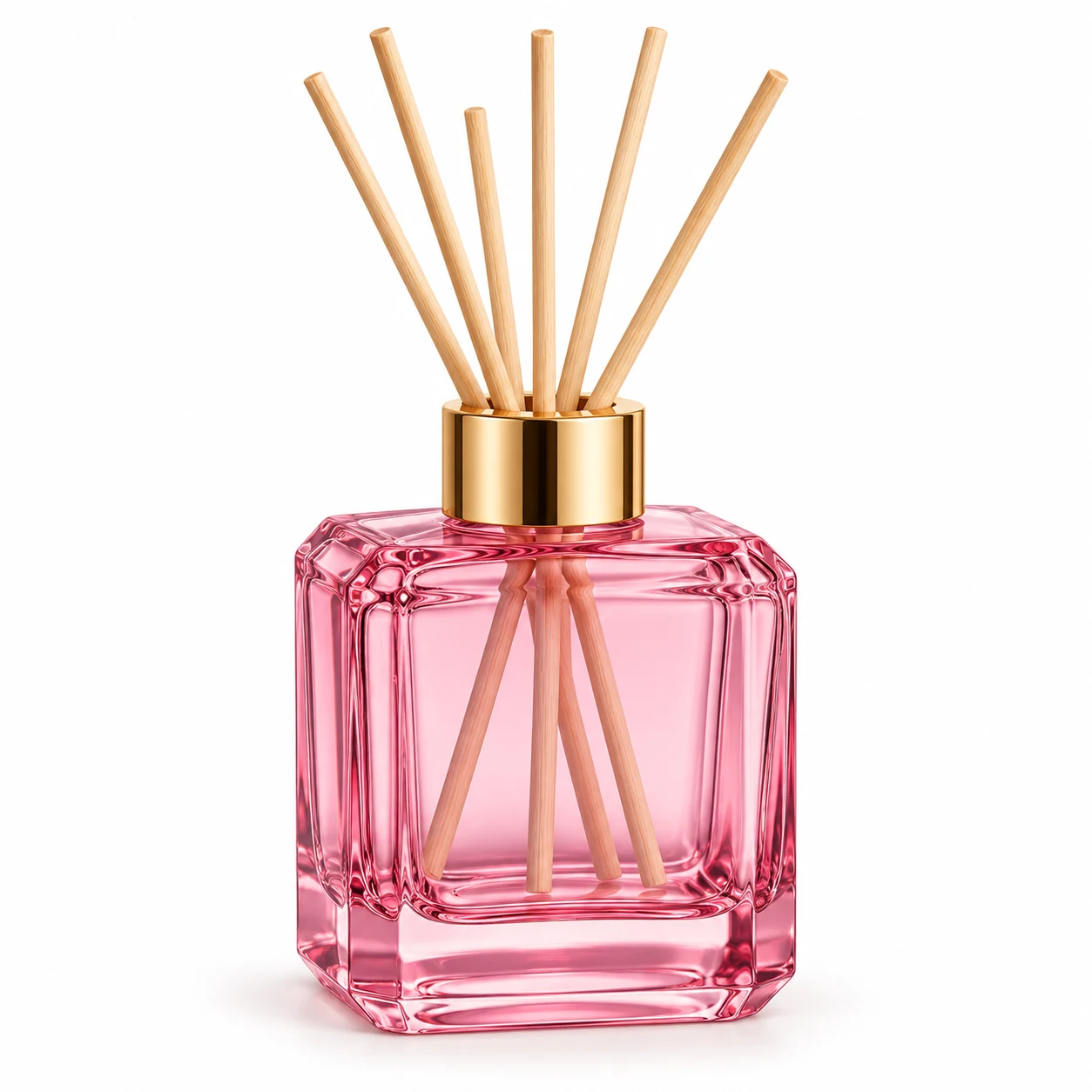 150ml Square Glass Reed Diffuser Bottle — transparent pink; gold open diffuser collar and rattan reeds