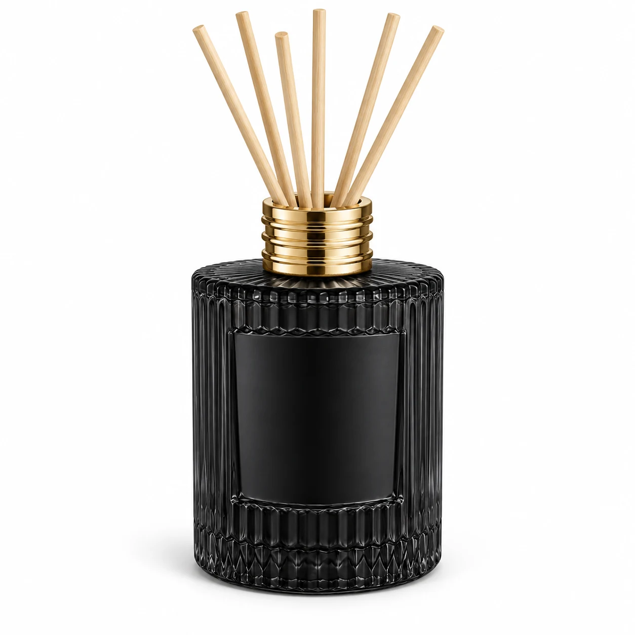 150ml Matte Black Fluted Label Panel Glass Reed Diffuser Bottle — matte black; gold open diffuser collar and rattan reeds