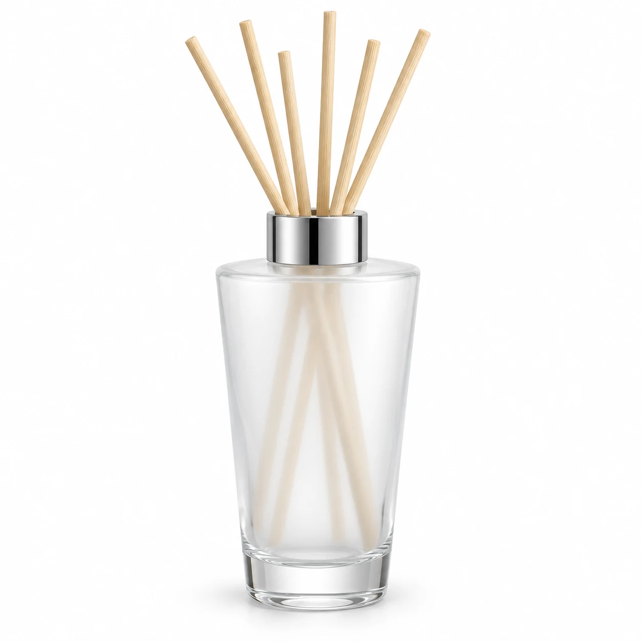 500ml Large Tapered Glass Reed Diffuser Bottle — semi-translucent white; silver open diffuser collar and rattan reeds