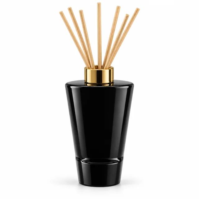 200ml Black Tapered Glass Reed Diffuser Bottle — opaque porcelain-like black; gold open diffuser collar and rattan reeds