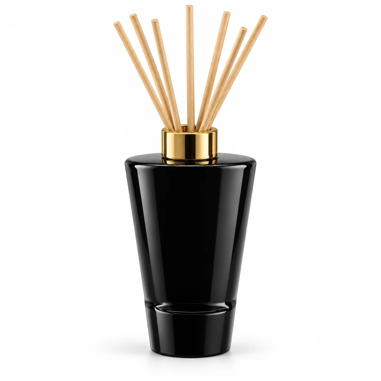 200ml Black Tapered Glass Reed Diffuser Bottle — opaque porcelain-like black; gold open diffuser collar and rattan reeds