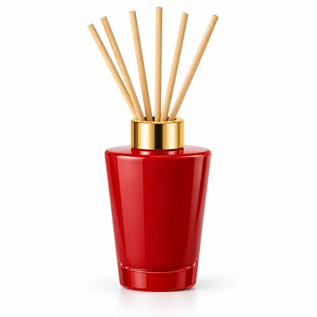 100ml Tapered Glass Reed Diffuser Bottle — opaque porcelain-like christmas red; gold open diffuser collar and rattan reeds