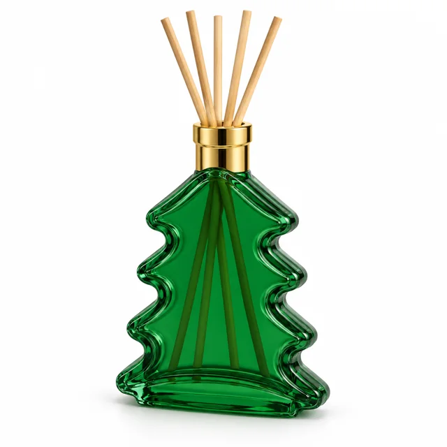 200ml Christmas Tree Glass Reed Diffuser Bottle — semi-translucent christmas green; gold open diffuser collar and rattan reeds