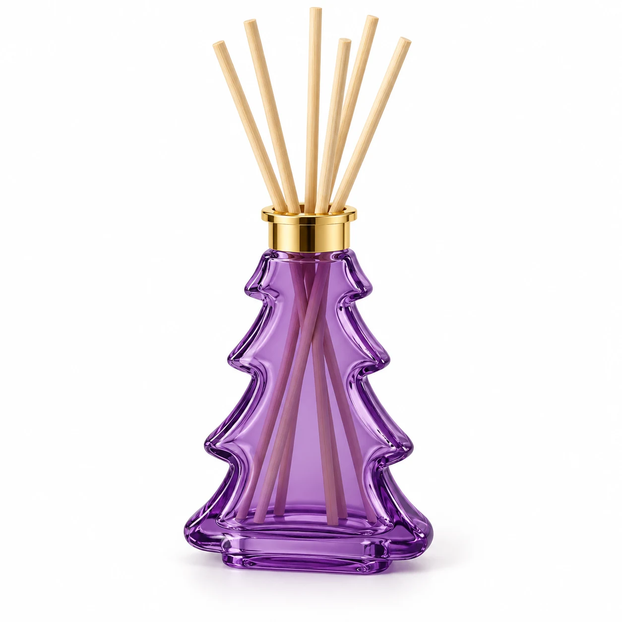100ml Frosted Green Christmas Tree Glass Reed Diffuser Bottle — semi-translucent purple; gold open diffuser collar and rattan reeds