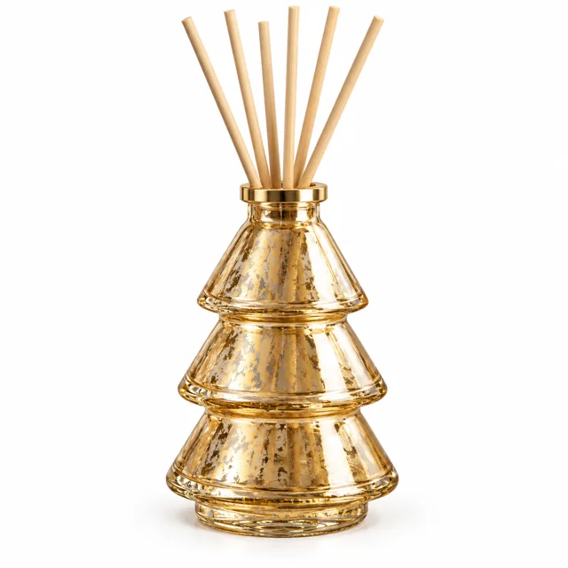 100ml Tiered Christmas Tree Glass Reed Diffuser Bottle — distressed silver electroplating under transparent pale gold coating; gold open diffuser collar and rattan reeds