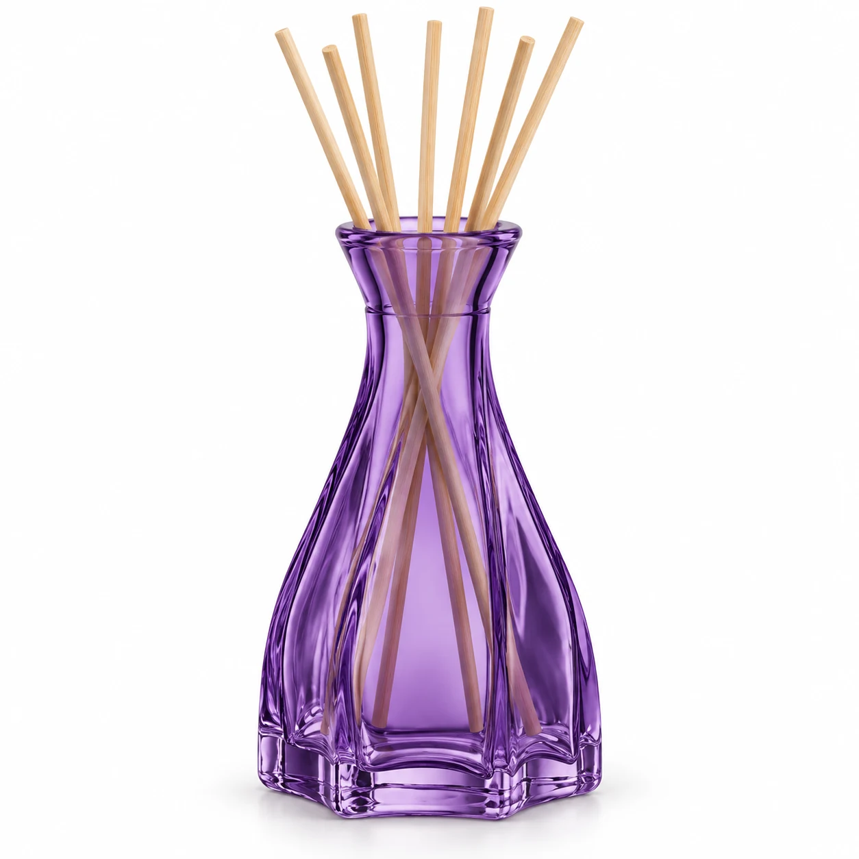 100ml Flared Mouth Glass Reed Diffuser Bottle — transparent purple; rattan reeds inserted directly into flared mouth, no collar